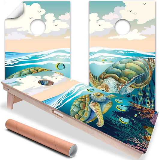 Cornhole Board Wraps and Decals for Boards Set of 2 Skins Professional Vinyl Covers Sticker- Sea Turtles in Ocean Beach Vacation House Decal