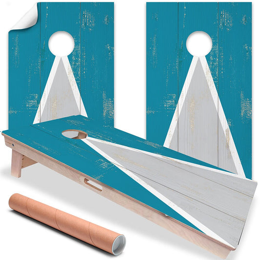 Cornhole Board Wraps and Decals for Boards Set of 2 Skins Professional Vinyl Covers Sticker - Teal Triangle Cabin Camping Lakehouse Decal