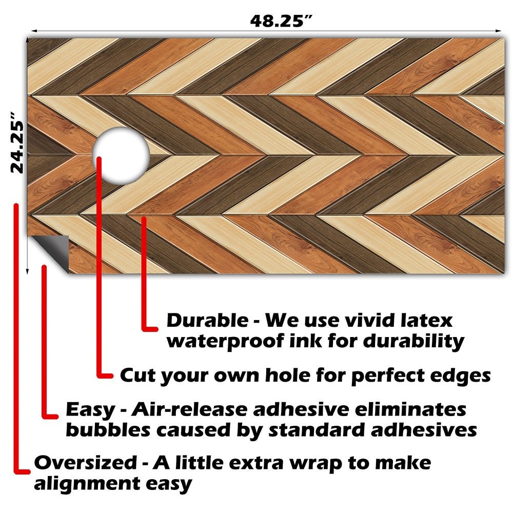 Cornhole Board Wraps and Decals for Boards Set of 2 Skins Professional Vinyl Covers Sticker - Wood Chevron Tailgating Decal