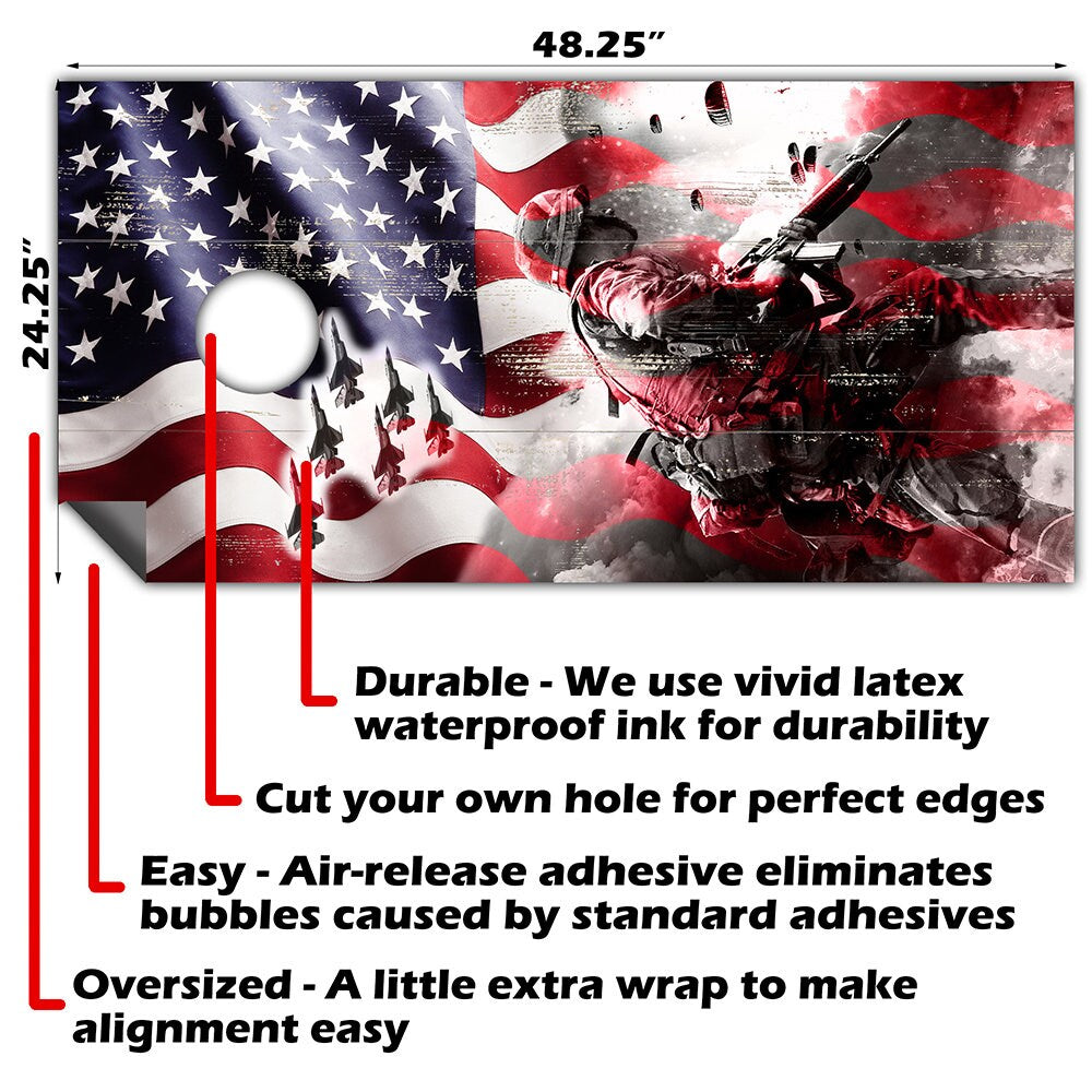 Cornhole Board Wraps and Decals for Boards Set of 2 Skins Professional Vinyl Covers Sticker - American Flag Military War Combat Art Decal