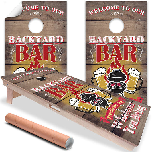 Cornhole Board Wraps and Decals for Boards Set of 2 Skins Professional Vinyl Covers Sticker - Welcome to our Backyard Bar - Serving - Decal