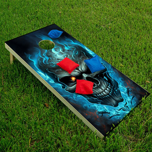 Cornhole Board Wraps and Decals for Boards Set of 2 Skins Professional Vinyl Covers Sticker - Blue Flaming Skull Gothic Art Decal
