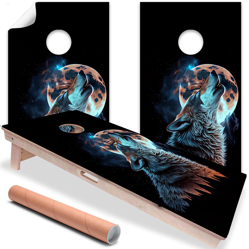 Cornhole Board Wraps and Decals for Boards Set of 2 Skins Professional Vinyl Covers Sticker - Howling Wolf Art Decal