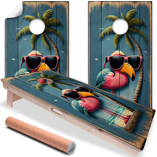 Cornhole Board Wraps and Decals for Boards Set of 2 Skins Professional Vinyl Covers Sticker - Life's a Beach Flamingo Decal