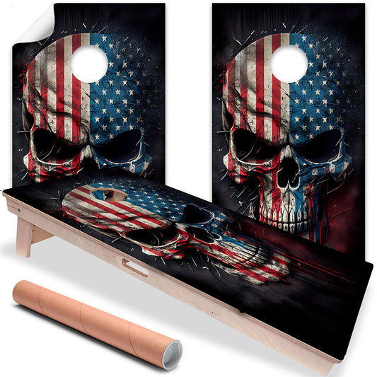 Cornhole Board Wraps and Decals for Boards Set of 2 Skins Professional Vinyl Covers Sticker - Patriotic Skull American Flag Art Decal