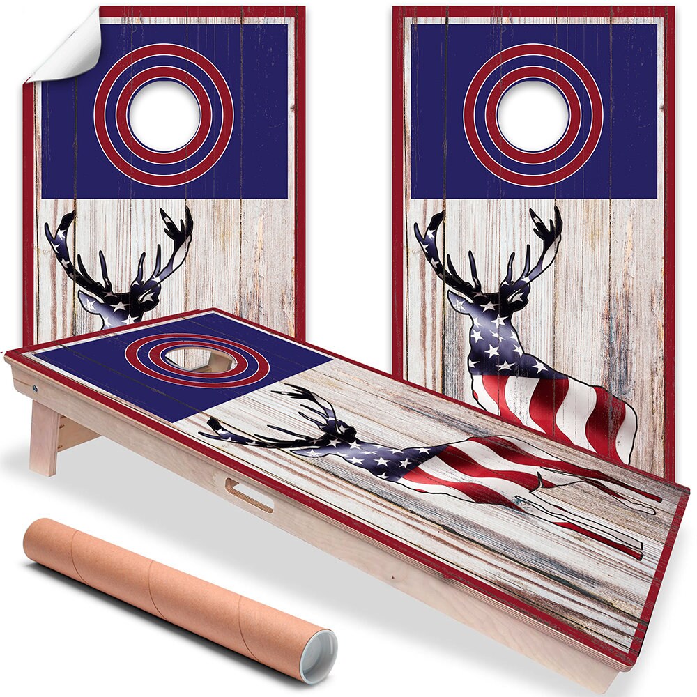 Cornhole Board Wraps and Decals for Boards Set of 2 Skins Professional Vinyl Covers Sticker - Elk Hunting American Flag Art Decal