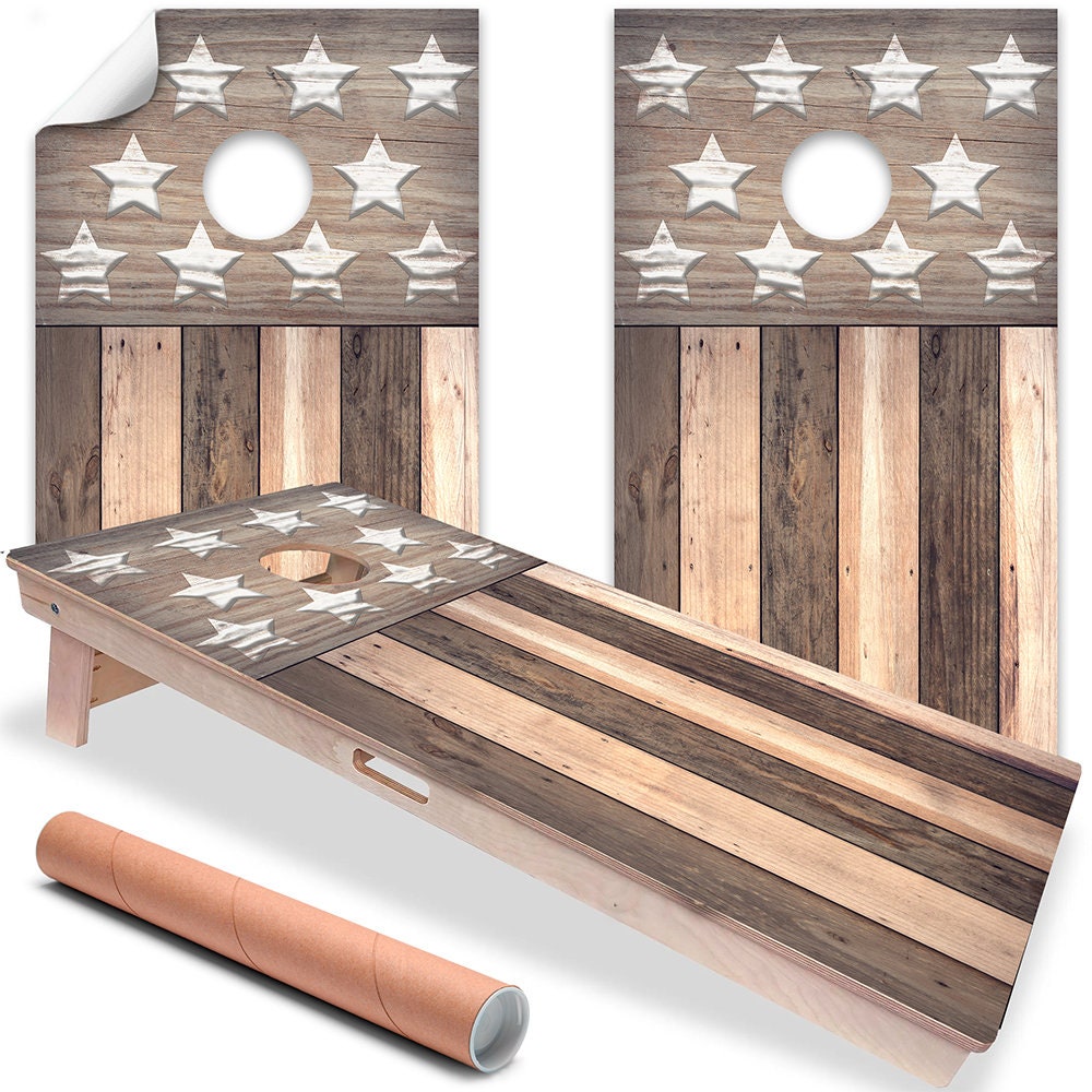 Set of 2 Cornhole Wraps for Board Vinyl Decals-Corn Hole Bean Bag Toss Wrap Stickers Skins Board Not Included Brown Distressed American Flag