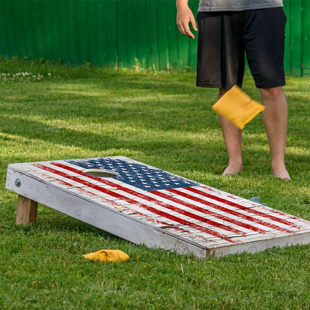 Cornhole Wraps for Boards Vinyl Decals Set of 2-25+ Designs Corn Hole Bean Bag Toss Wrap Stickers Skins Board Not Included Cracked Wood Flag