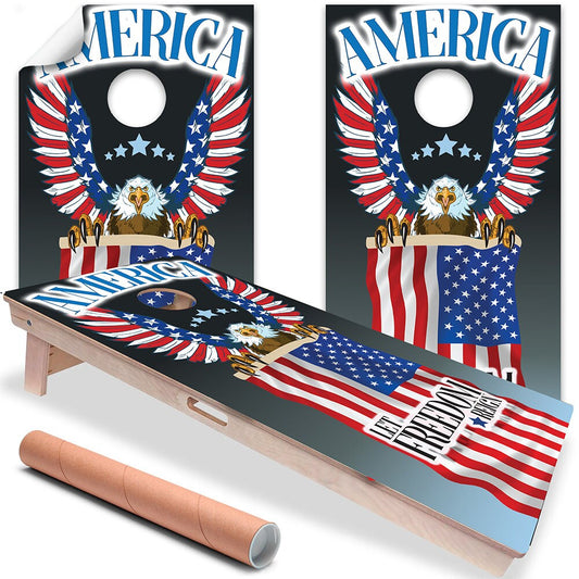 Cornhole Wraps for Boards Vinyl Decals Set of 2- 25+ Designs Corn Hole Bean Bag Toss Wrap Stickers Skins (Boards Not Included)Eagle and Flag