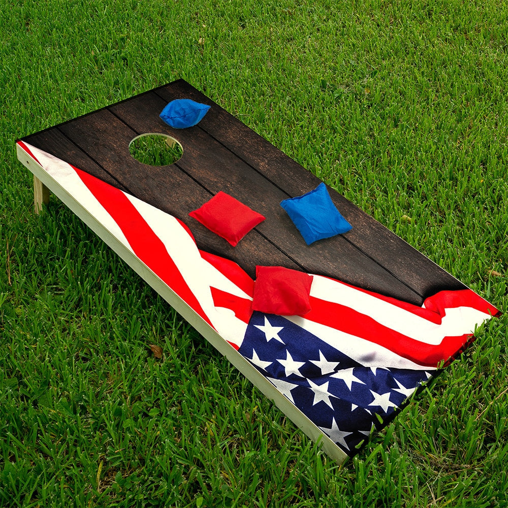 Cornhole Wraps for Boards Vinyl Decals Set of 2-25+ Designs Corn Hole Bean Bag Toss Wrap Stickers Skins Board Not Included Flag on Dark Wood