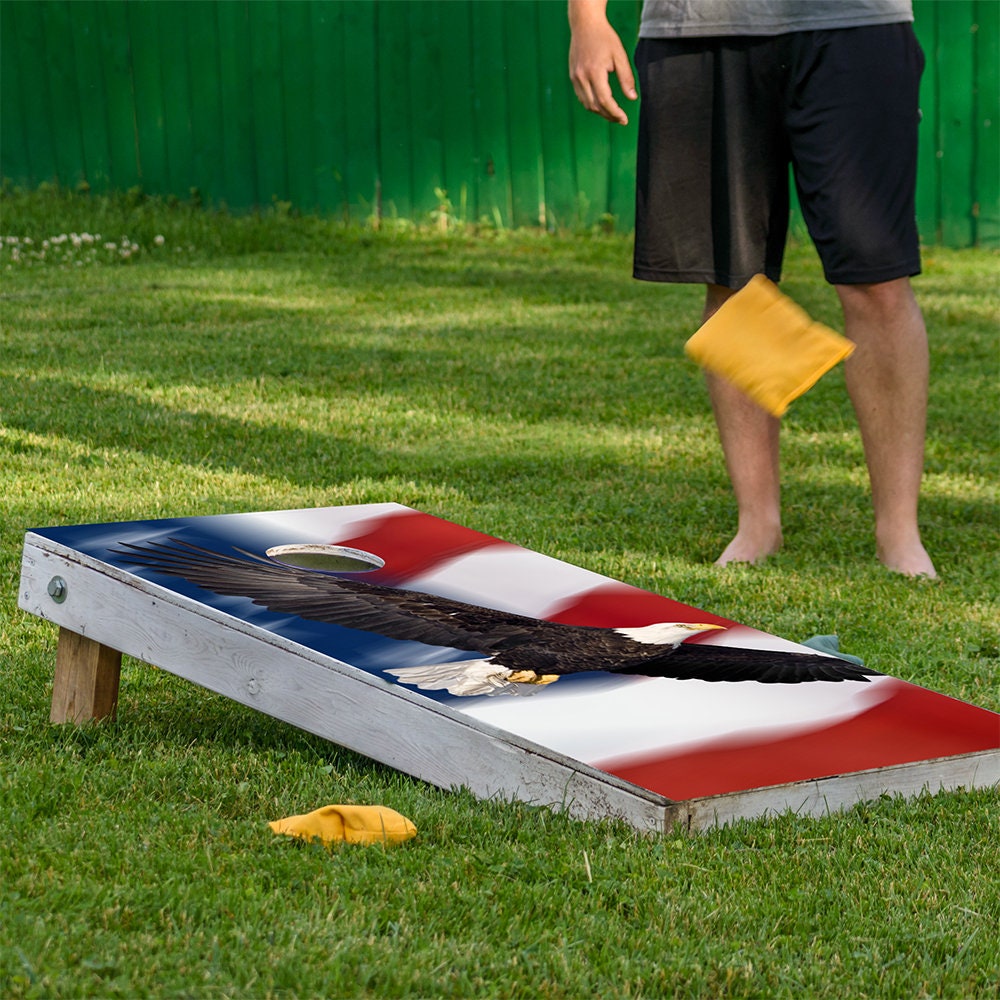 Cornhole Wraps for Boards Vinyl Decals (Set of 2) - 25+ Designs Corn Hole Bean Bag Toss Wrap Stickers Skins Boards Not Included Flying Eagle