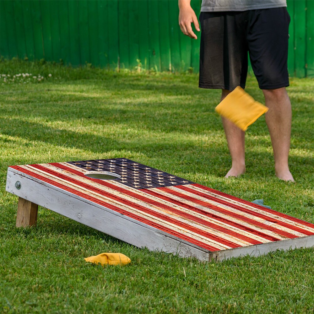 Cornhole Wraps for Boards Vinyl Decal Set of 2-25+ Design Corn Hole Bean Bag Toss Wrap Stickers Skin Board Not Included Rustic American Flag