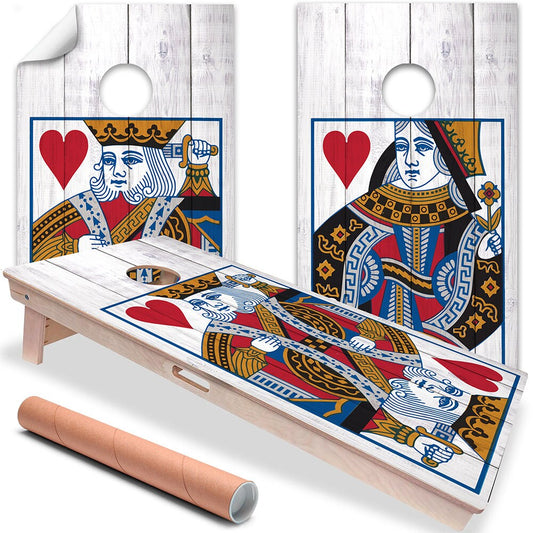 Cornhole Board Wraps and Decals for Boards Set of 2 Skins Professional Vinyl Covers Sticker - King and Queen of Hearts Wooden Style Decal