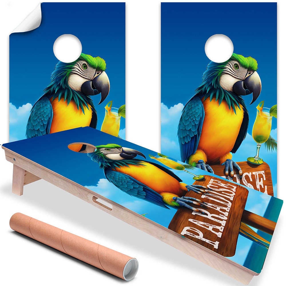 Cornhole Board Wraps and Decals for Boards Set of 2 Skins Professional Vinyl Covers Sticker - Paradise Parrot Beach Bar Decal