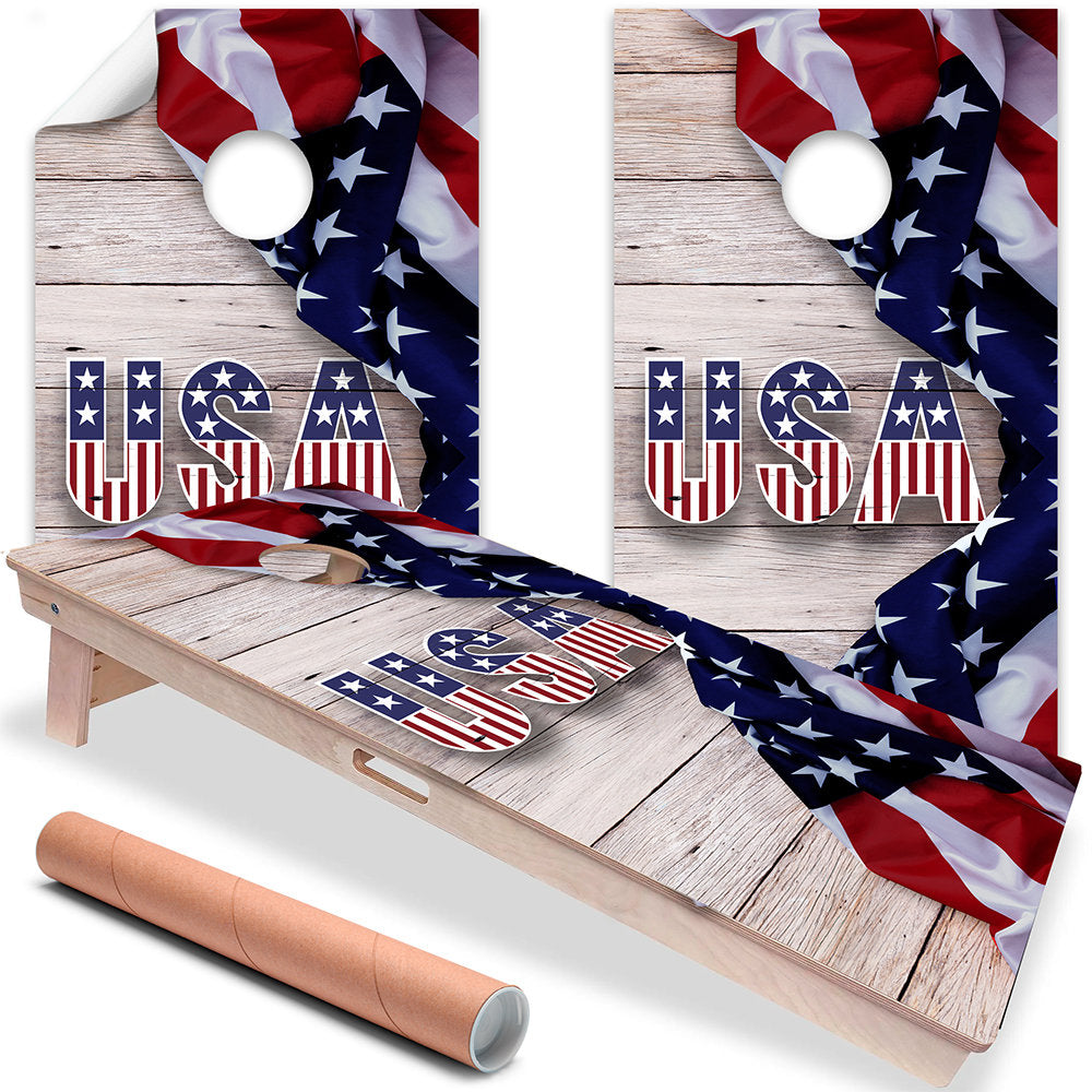 Cornhole Board Wraps and Decals for Boards Set of 2 Skins Professional Vinyl Covers Sticker -USA American Flag Art Football Tailgating Decal
