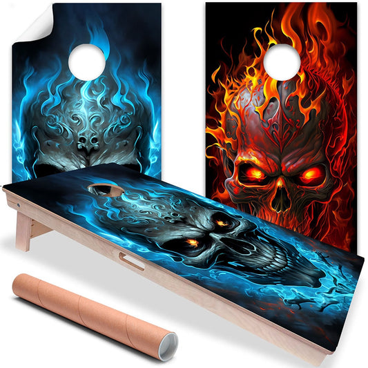 Cornhole Board Wraps and Decals for Boards Set of 2 Skins Professional Vinyl Covers Sticker - Flaming Skull Gothic Art Tailgating Decal