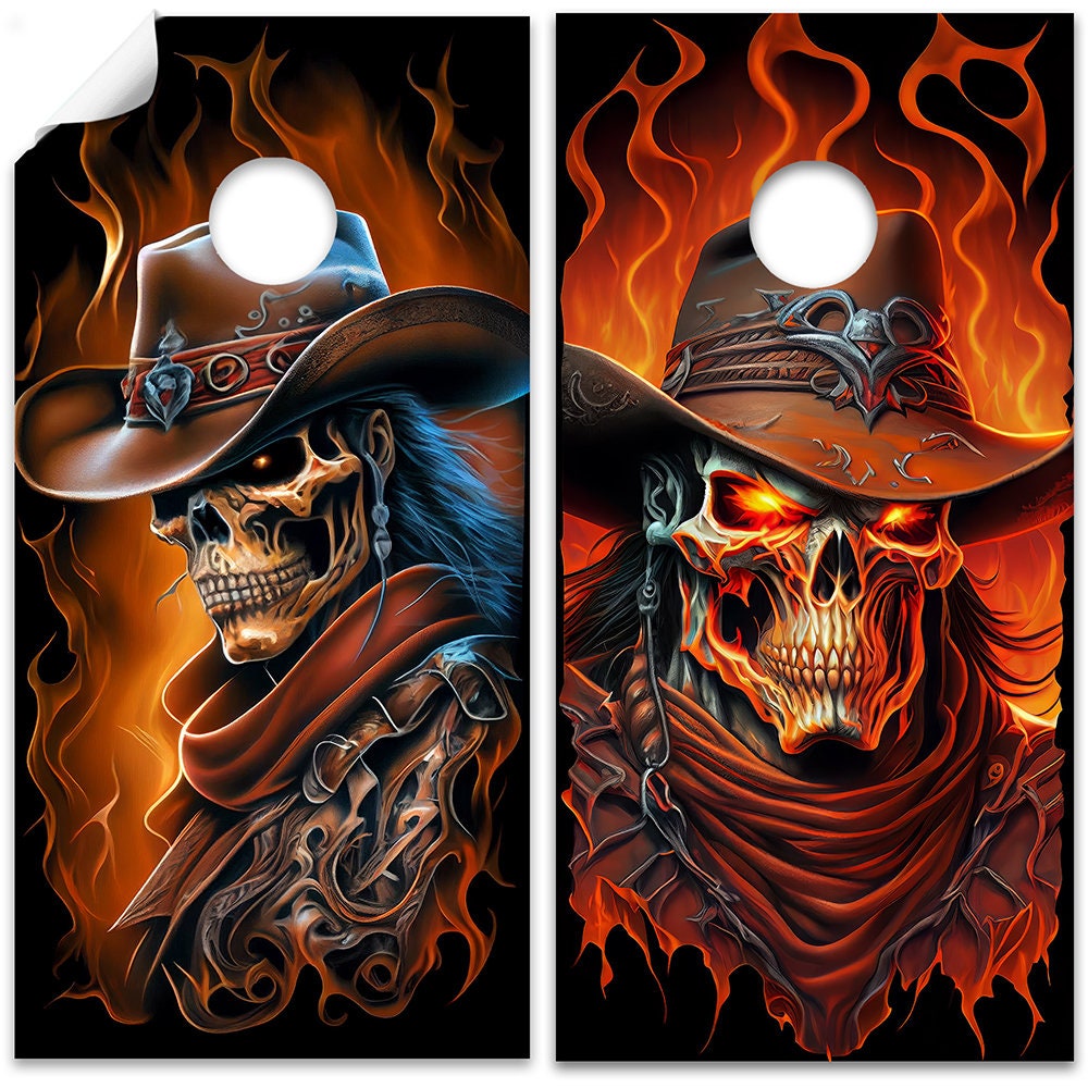 Cornhole Board Wraps and Decals for Boards Set of 2 Skins Professional Vinyl Covers Sticker - Ghost Cowboys Skull Gothic Tailgating Decal