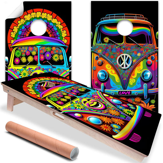 Cornhole Board Wraps and Decals for Boards Set of 2 Skins Professional Vinyl Covers Sticker - Hippie Van Colorful Art  Decal