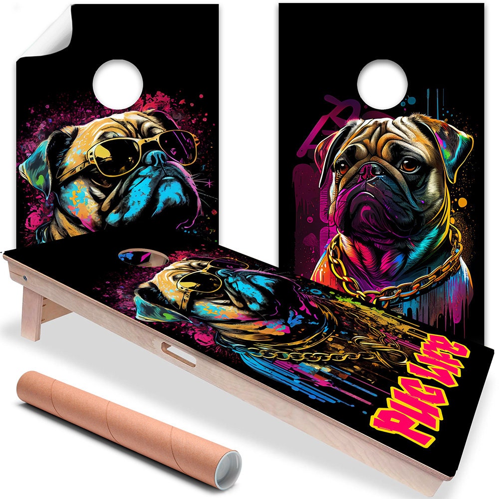 Cornhole Board Wraps and Decals for Boards Set of 2 Skins Professional Vinyl Covers Sticker - Pug Life Dog Lovers Graffiti Art Decal