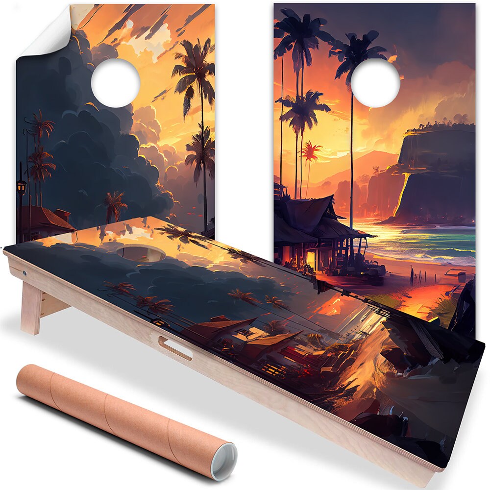 Cornhole Board Wraps and Decals for Boards Set of 2 Skins Professional Vinyl Covers Sticker - Tropical Sunset Painting Beach House Fun Decal