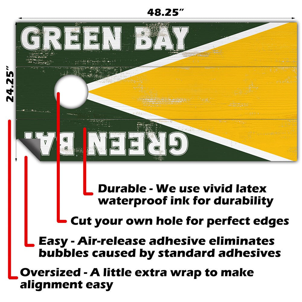 Cornhole Board Wraps and Decals for Boards Set of 2 Skins Professional Vinyl Covers Sticker - Green Bay Football Tailgating Decal