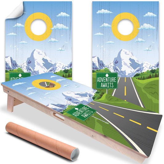 Cornhole Board Wraps and Decals for Boards Set of 2 Skins Professional Vinyl Covers Sticker-Scenic Road Mountain View Adventure Awaits Decal