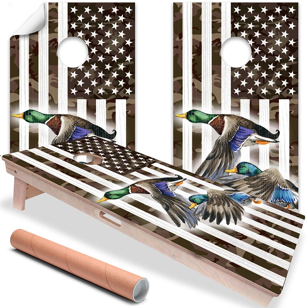 Set of 2 Cornhole Wraps for Boards Vinyl Decals - Bean Bag Toss Wrap Stickers Skins (Boards Not Included) American Camo Flag Duck Flying Art