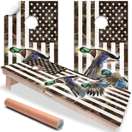 Set of 2 Cornhole Wraps for Boards Vinyl Decals - Bean Bag Toss Wrap Stickers Skins (Boards Not Included) American Camo Flag Duck Flying Art