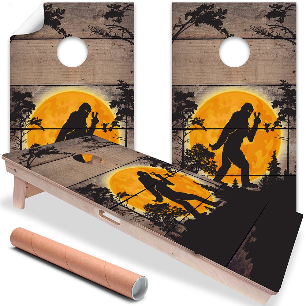 Cornhole Board Wraps and Decals for Boards Set of 2 Skins Professional Vinyl Covers Sticker - Big Foot in the Woods Tailgating Decal