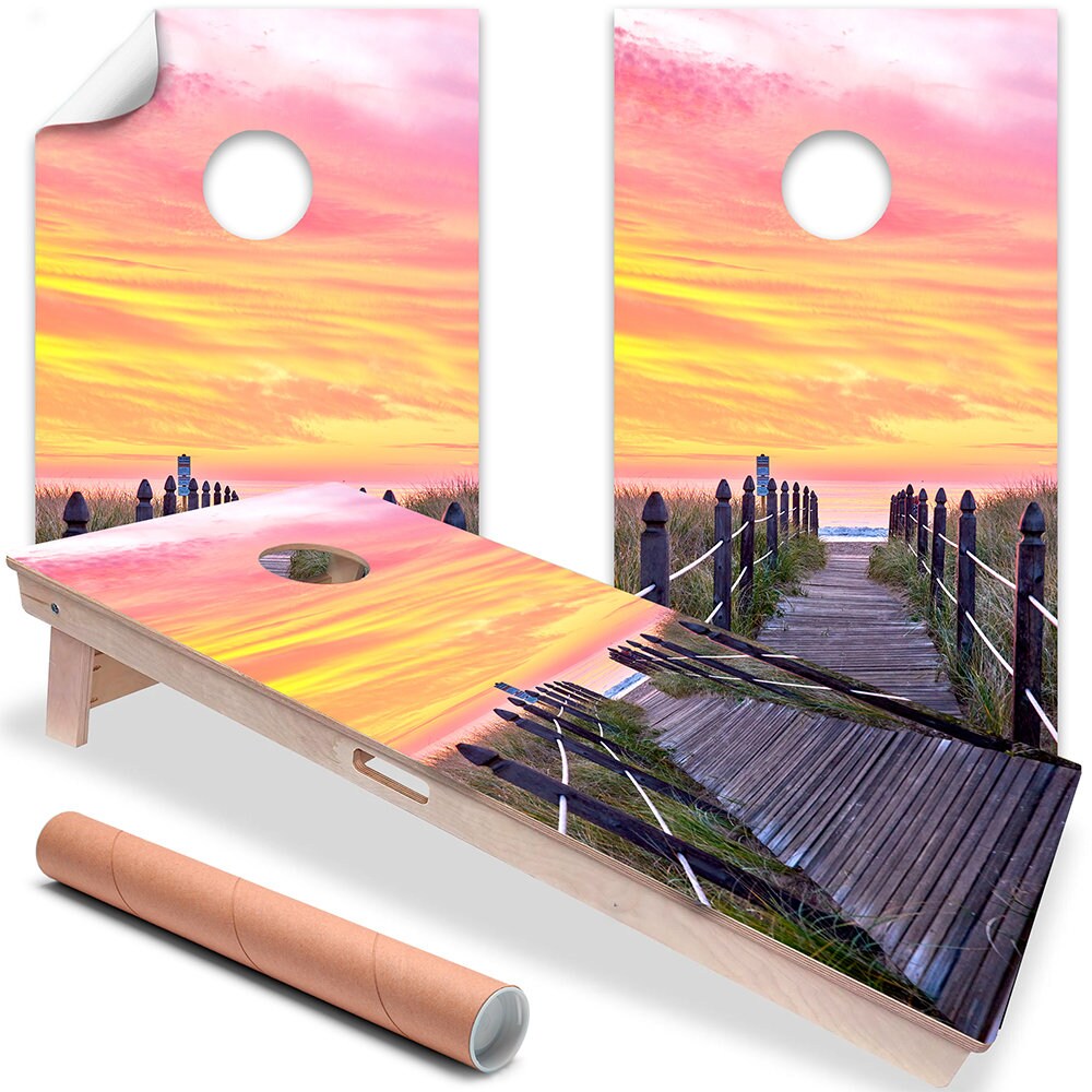 Cornhole Board Wraps and Decals for Boards Set of 2 Skins Professional Vinyl Covers Sticker - Pier at Sunrise Summer Beach House Fun Decal