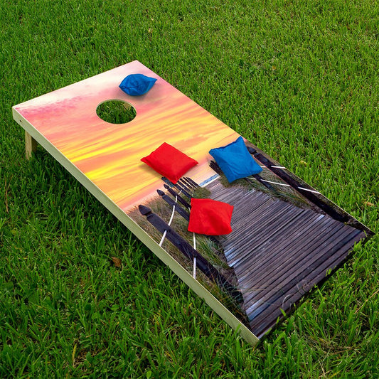 Cornhole Board Wraps and Decals for Boards Set of 2 Skins Professional Vinyl Covers Sticker - Pier at Sunrise Summer Beach House Fun Decal