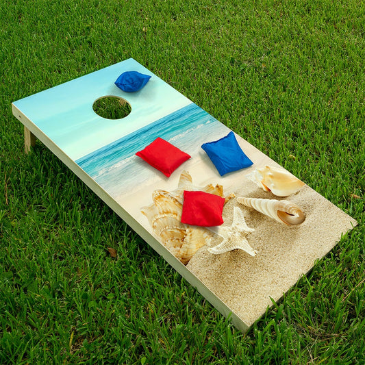 Cornhole Board Wraps and Decals for Boards Set of 2 Skins Professional Vinyl Covers Sticker- Shells on Beach Summer Fun Vacation House Decal