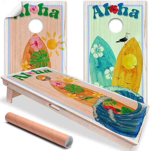 Cornhole Board Wraps and Decals for Boards Set of 2 Skins Professional Vinyl Covers Sticker - Aloha Surf Beach Summer Vibes Hawaiian Decal