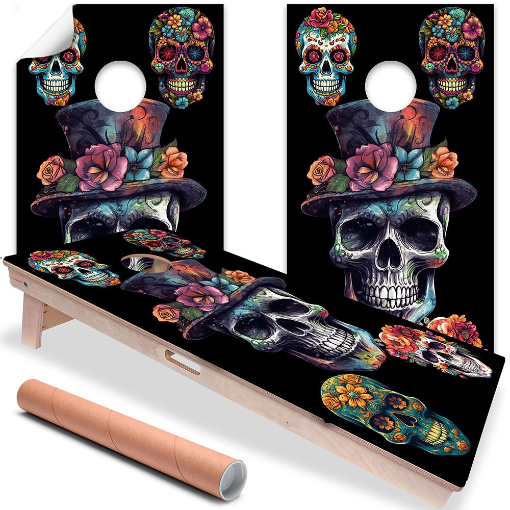 Set of 2 Corn Hole Decal Sugar Skulls Day of The Dead Halloween Cornhole Wrap,Professional Vinyl Cover Sticker,More to Choose From This Shop