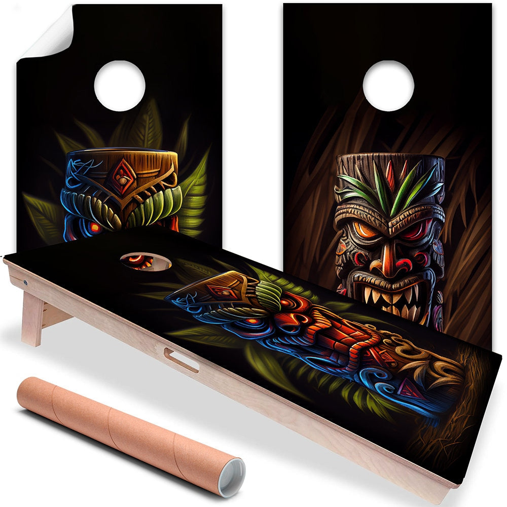 Cornhole Board Wraps and Decals for Boards Set of 2 Skins Professional Vinyl Covers Sticker - Tropical Tiki Mugs Polynesia Tailgating Decal