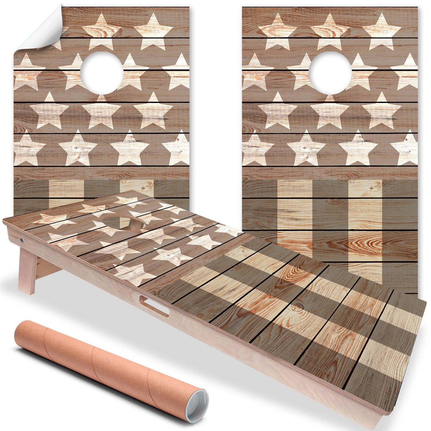 Set of 2 Cornhole Wraps for Board Vinyl Decals - Bean Bag Toss Wrap Stickers Skins Board Not Included Brown Stars & Stripes American Flag