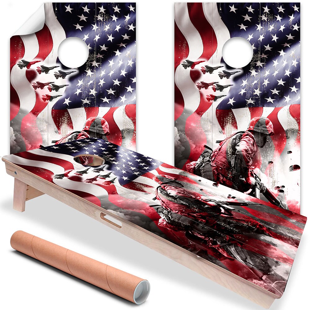 Cornhole Board Wraps and Decals for Boards Set of 2 Skins Professional Vinyl Covers Sticker - American Flag Military War Combat Art Decal