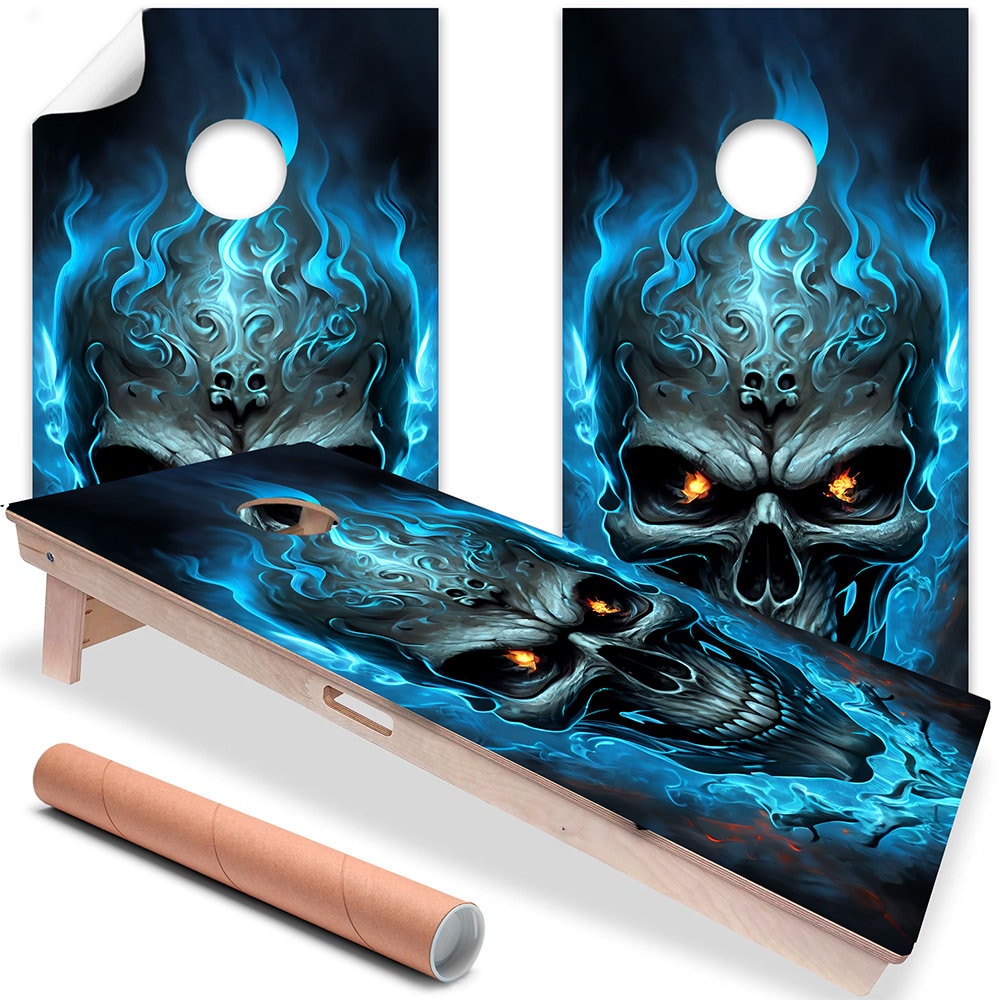 Cornhole Board Wraps and Decals for Boards Set of 2 Skins Professional Vinyl Covers Sticker - Blue Flaming Skull Gothic Art Decal