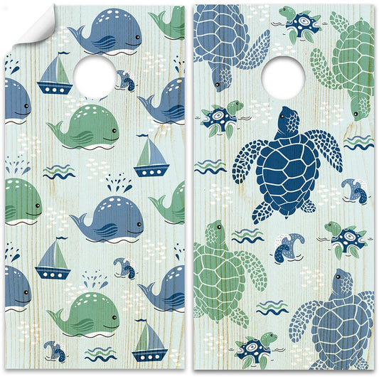 Cornhole Board Wrap and Decal for Boards Set of 2 Skins Professional Vinyl Cover Sticker Sea Turtles and Whales Wooden Wallpaper Style Decal