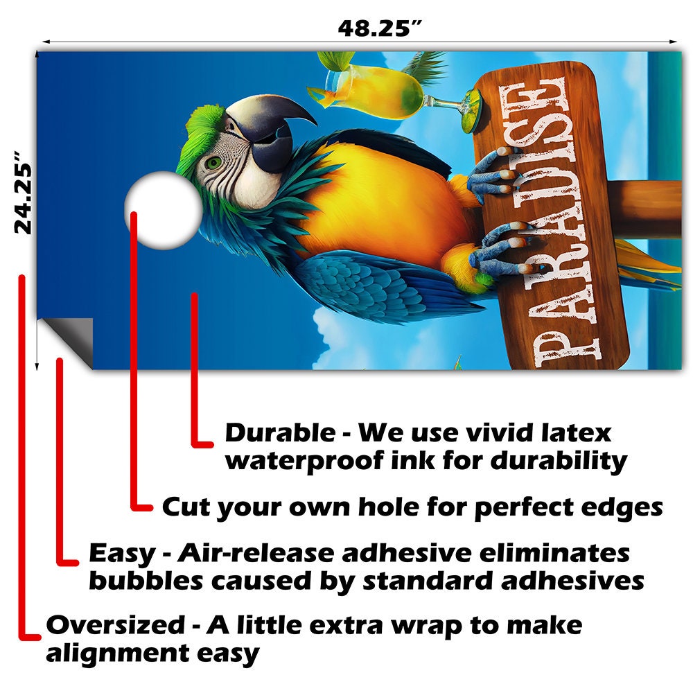 Cornhole Board Wraps and Decals for Boards Set of 2 Skins Professional Vinyl Covers Sticker - Paradise Parrot Beach Bar Decal