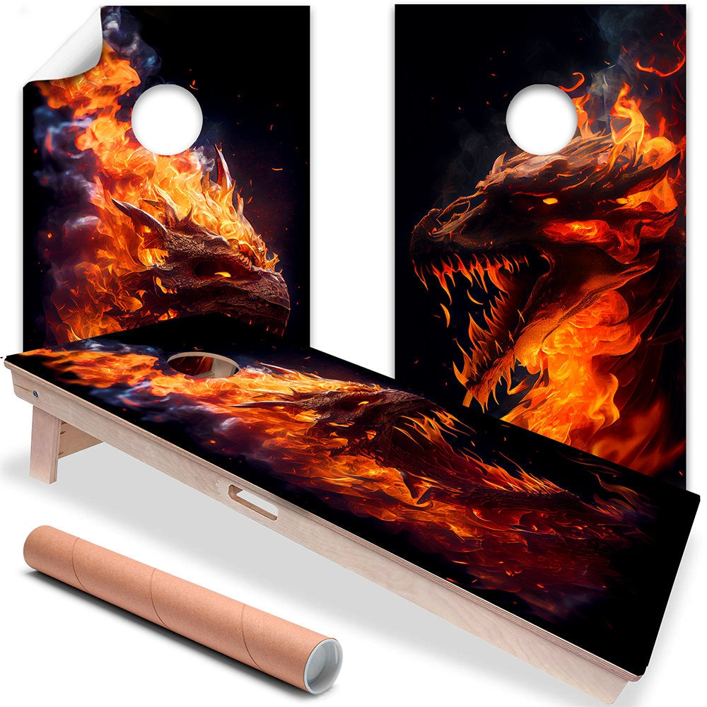 Cornhole Board Wraps and Decals for Boards Set of 2 Skins Professional Vinyl Covers Sticker - Dragons of Fire Cool And Nerdy Decal