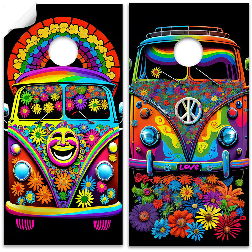 Cornhole Board Wraps and Decals for Boards Set of 2 Skins Professional Vinyl Covers Sticker - Hippie Van Colorful Art  Decal
