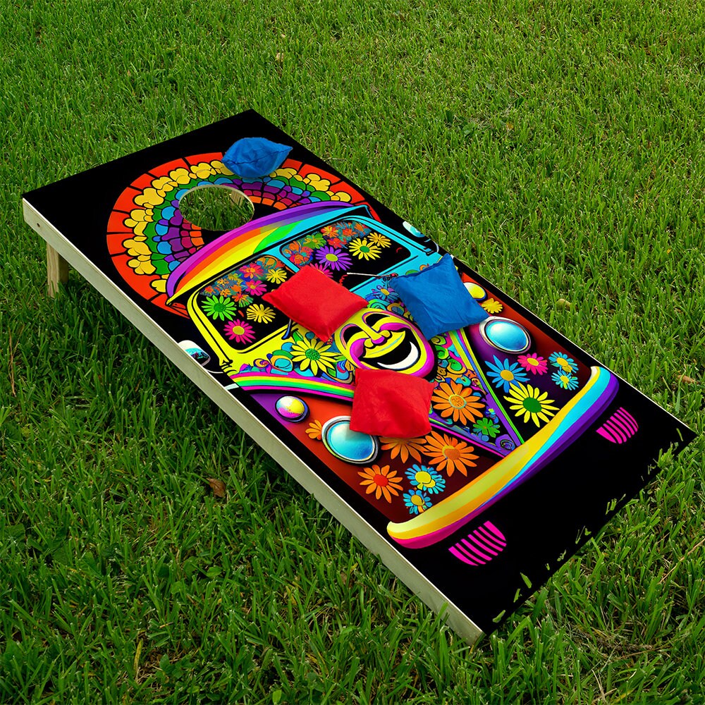 Cornhole Board Wraps and Decals for Boards Set of 2 Skins Professional Vinyl Covers Sticker - Hippie Van Colorful Art  Decal