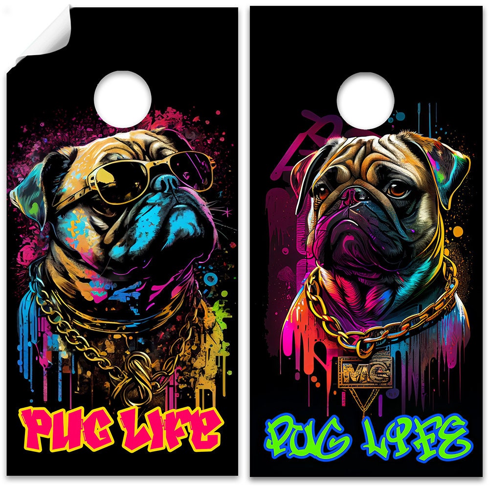Cornhole Board Wraps and Decals for Boards Set of 2 Skins Professional Vinyl Covers Sticker - Pug Life Dog Lovers Graffiti Art Decal