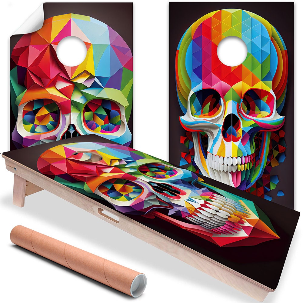 Cornhole Board Wraps and Decals for Boards Set of 2 Skins Professional Vinyl Covers Sticker - Rainbow Skulls Colorful Art Decal