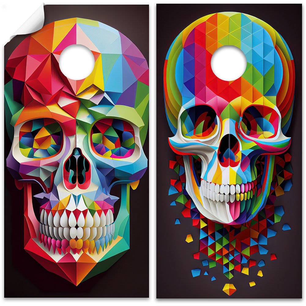 Cornhole Board Wraps and Decals for Boards Set of 2 Skins Professional Vinyl Covers Sticker - Rainbow Skulls Colorful Art Decal