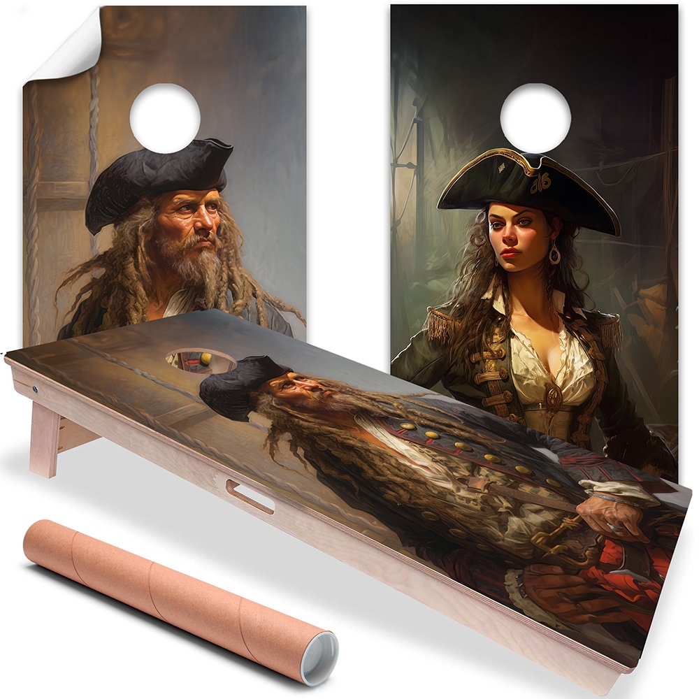 Cornhole Board Wraps and Decals for Boards Set of 2 Skins Professional Vinyl Covers Sticker - Vintage Pirates Painting Art Decal
