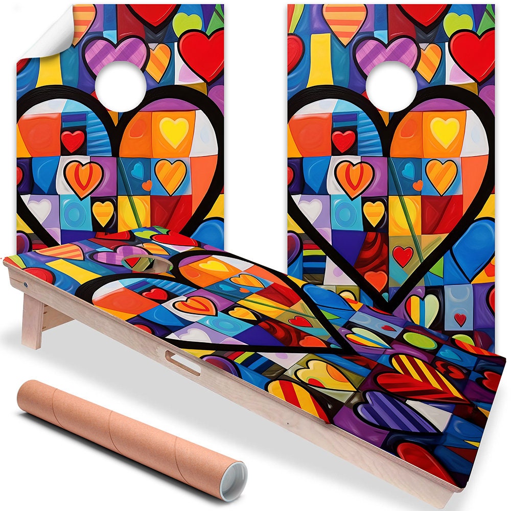Cornhole Board Wraps and Decals for Boards Set of 2 Skins Professional Vinyl Covers Sticker - Heart to Heart Painting Art Decal