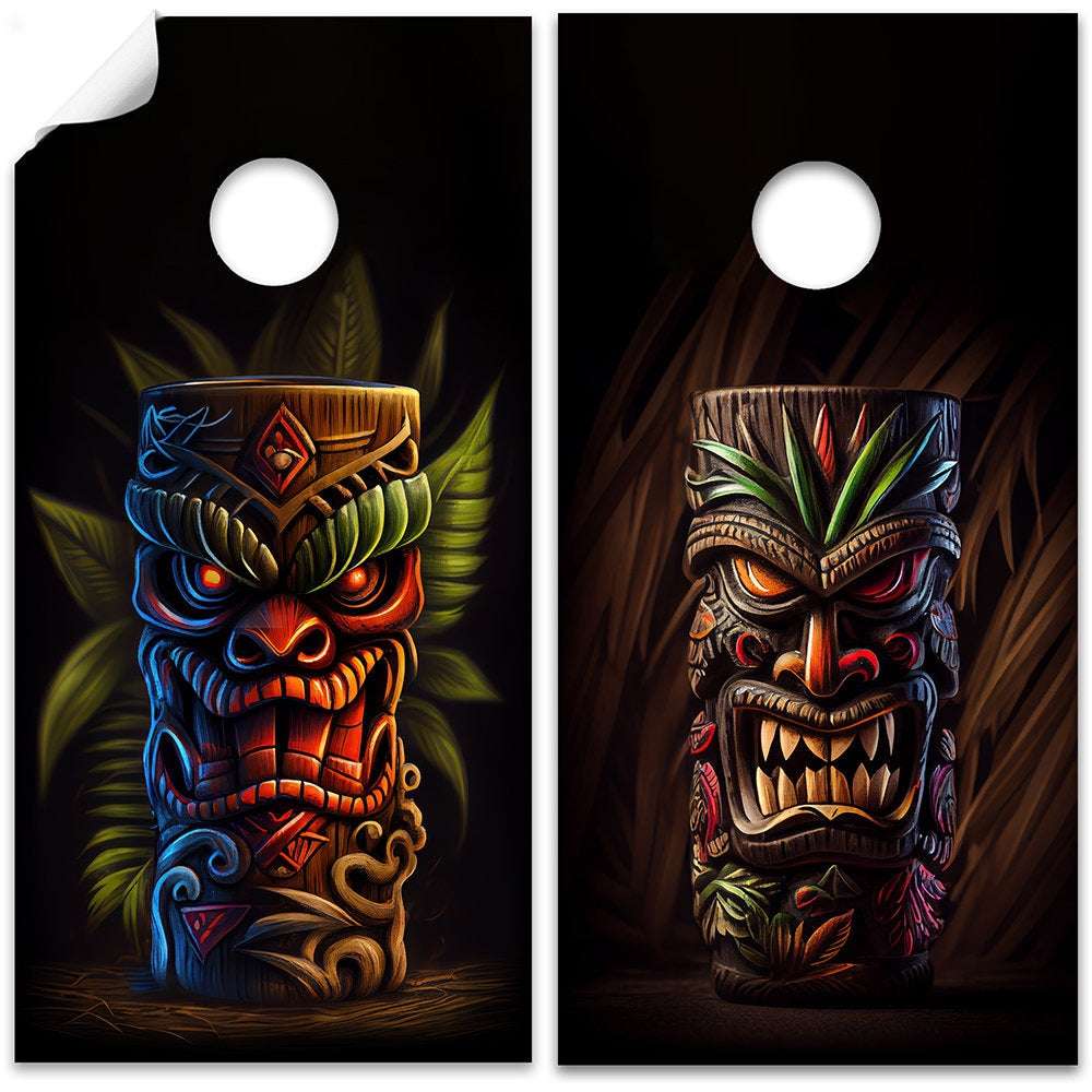 Cornhole Board Wraps and Decals for Boards Set of 2 Skins Professional Vinyl Covers Sticker - Tropical Tiki Mugs Polynesia Tailgating Decal