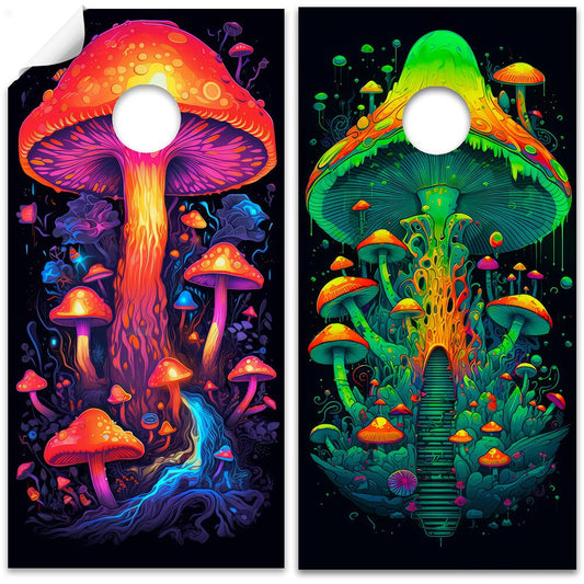 Cornhole Board Wraps and Decals for Boards Set of 2 Skins Professional Vinyl Covers Sticker - Vibrant Mycologist Mushroom Art Decal